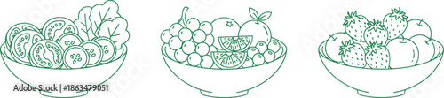 Fresh salad and fruit bowls line art set with tomatoes lettuce grapes oranges strawberries and apples for healthy eating.
