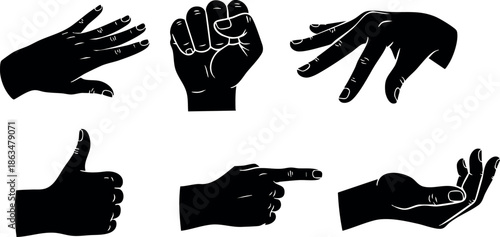 Silhouette hands gestures set with various signs in black vector illustration 
