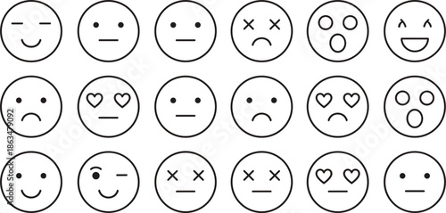 Minimalist emoji line icon set with happy sad surprised winking and dead faces for social media communication design.