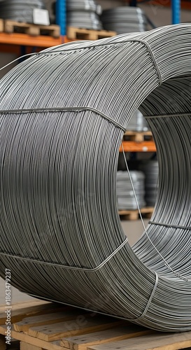 Large coiled bundle of galvanized steel wire rests on a wooden pallet inside a warehouse