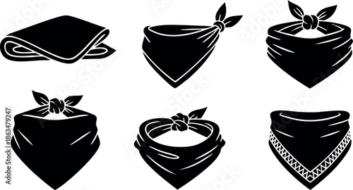 Bandana scarf vector icons in black silhouette style for fashion and accessories design 