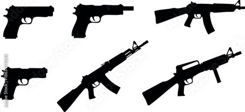 Silhouettes of Various Guns and Rifles Vector Illustration in Black and White 
