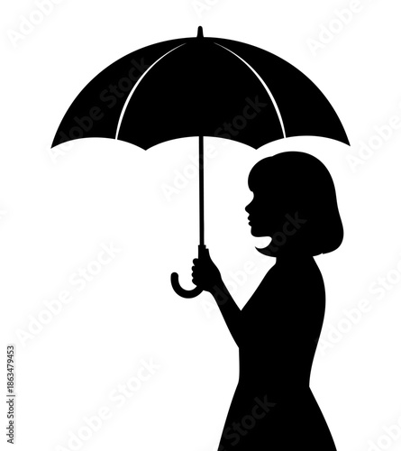 black and white girl with umbrella, silhouette of girl with umbrella.