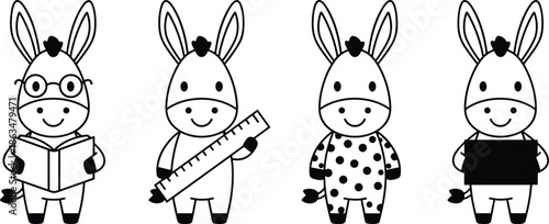 Set of four minimalist donkey character icons featuring a student with glasses reading a book measuring with a ruler and wearing pajamas