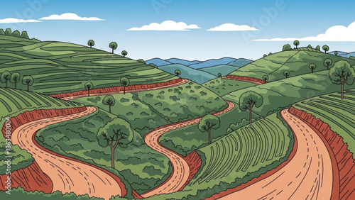A serene landscape of rolling green hills with terraced fields and winding dirt roads under a blue