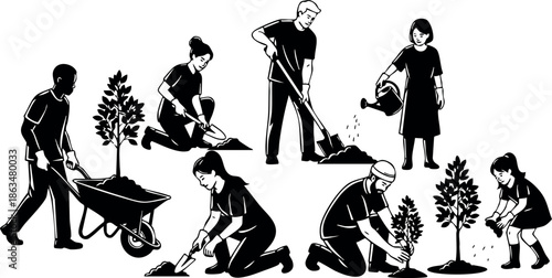 Group of People Planting Trees in Community Garden Vector Illustration Environmental Activity 