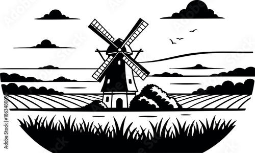 Windmill Landscape Vector Illustration with Fields Clouds and Birds in Black and White 