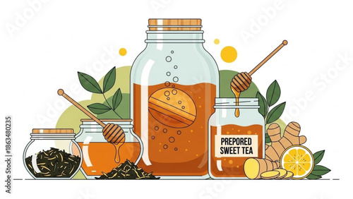 A colorful illustration of jars with honey and tea surrounded by lemon, ginger, and leaves with healthy