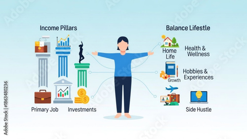 Woman balancing income pillars and lifestyle elements for financial stability and wellness with side