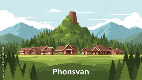 A serene mountain resort with brown wooden cabins nestled among lush green trees and majestic with blue sky