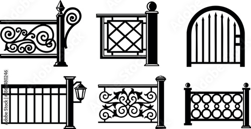 Ornamental wrought iron fences and gates vector illustration collection in black silhouette style 