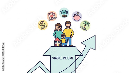 A cartoon family stands on a growing arrow labeled stable income surrounded by icons with savings