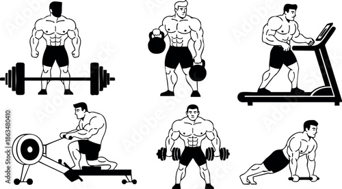 Muscular man exercising with weights treadmill and rowing machine vector illustration 