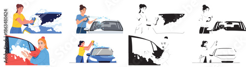 Car washing process steps with people