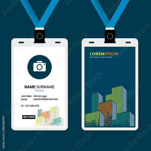 Modern corporate ID card template with colorful cityscape illustration and professional layout