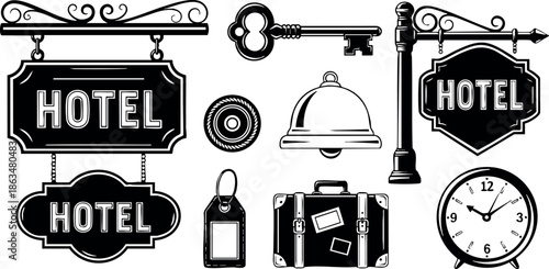 Hotel signage key bell luggage clock vector collection in black and white classic style 