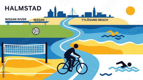 Beach activities, halmstad cityscape with river, bike path, volleyball and swimming areas, sunny day