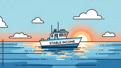 A boat with stable income sails across calm waters at sunset with clouds in the sky and a serene with sea