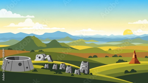 A serene landscape with rolling hills, a dog, and ancient stone structures under a vibrant sky with nature