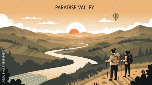 Two hikers standing on hill overlooking winding river and mountains at sunset with hot air balloon with sky