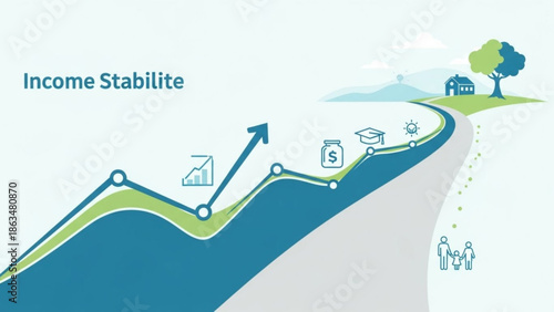 A blue and green line graph shows income stability with a house, tree, and people in the background