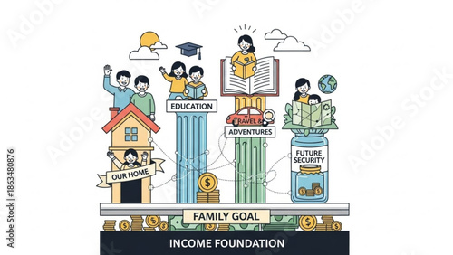 Family goals and income foundation concept with people, education, travel, and future security with home
