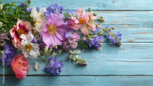 Wallpaper Mural A vibrant arrangement of mixed blooms in pink, purple, white, & coral atop a weathered, turquoise wooden surface with copy space Torontodigital.ca