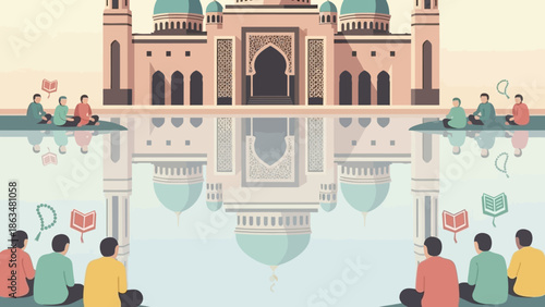 ramadan kareem, eid celebration, muslim family, handshake, cultural tradition, islamic event, festive illustration, social harmony, unity, respect, tradition
