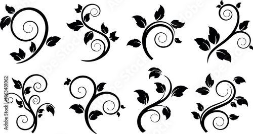 Black floral vine swirl ornamental vector set with leaves and curls for decoration 