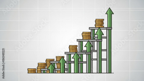 Increasing financial growth illustrated with stacked coins and rising green arrows on a graph with arrow up