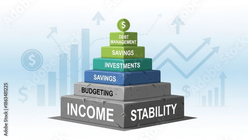 Financial stability pyramid with income budgeting savings investments and debt management steps
