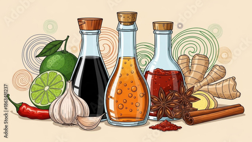 Assorted spice bottles with garlic, chili, ginger, cinnamon, and lime on a beige background with cooking