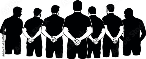 Group of seven men standing with hands behind back silhouette vector illustration 