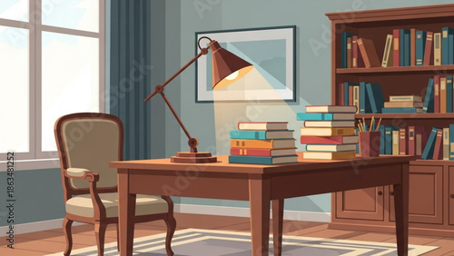 Cozy home office workspace with wooden desk, chair, lamp, books, and bookcase in a serene with study