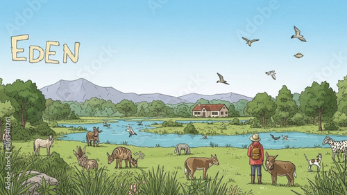 A serene landscape of a man standing in a lush green field with various animals grazing around him with cow