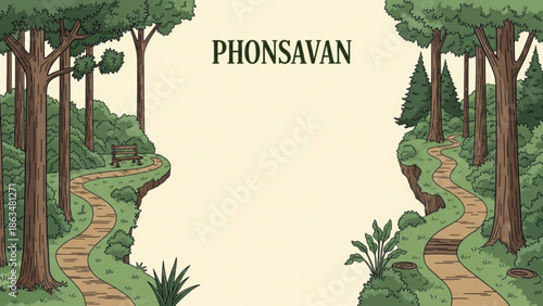 Serene forest landscape with winding wooden pathways and bench illustration, tranquil forest scene