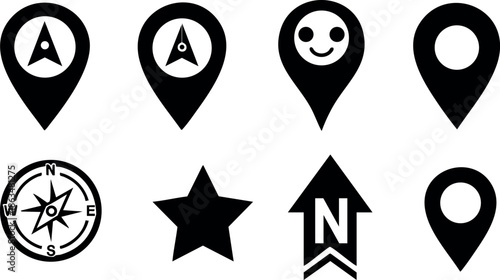 Location and navigation map pins with compass arrow star icons vector illustration 