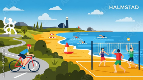People enjoying beach volleyball and cycling on a scenic coastal path with a lighthouse with summer