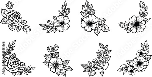 Floral corner designs with roses and hibiscus flowers elegant vector set for decoration 