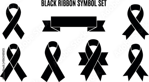 Black ribbon symbol set vector collection for awareness and support campaigns 