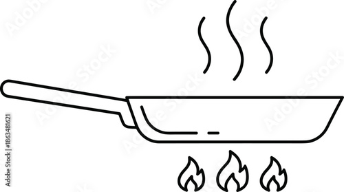 Minimalist line art icon of a frying pan cooking on a gas stove burner with steam rising for kitchen restaurant and culinary designs