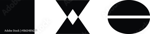 Minimalist black geometric shape set featuring solid square symmetric abstract triangles and divided oval circle elements for modern logo design and branding