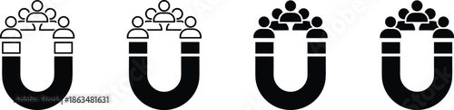 Set of four magnet icons attracting people symbols for lead generation customer acquisition recruitment strategy marketing engagement and professional human resources management