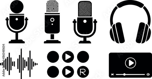 Microphone headphones sound wave play button media control icons vector set 