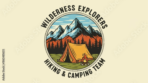 Vintage Wilderness Explorers Hiking Camping Team Emblem.