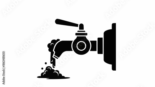 Water faucet dripping with soap bubbles and water droplets.