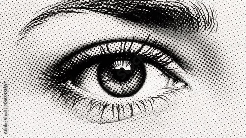 Modern Pop Art Style Human Eye Illustration with Halftone Dot Texture, Creative Beauty and Vision Concept Background.