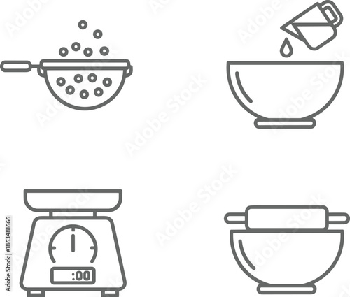 Set of minimalist line icons for food preparation featuring a kitchen scale colander mixing bowl with rolling pin and pouring liquid