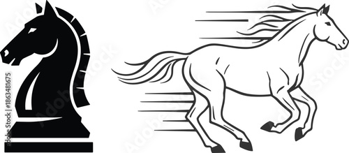 Set of horse icons featuring a solid black knight chess piece and a white galloping wild horse with motion lines for speed