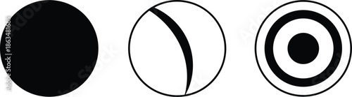 Set of three minimalist black and white circular geometric icons featuring solid circle abstract crescent curve and concentric target ring shapes